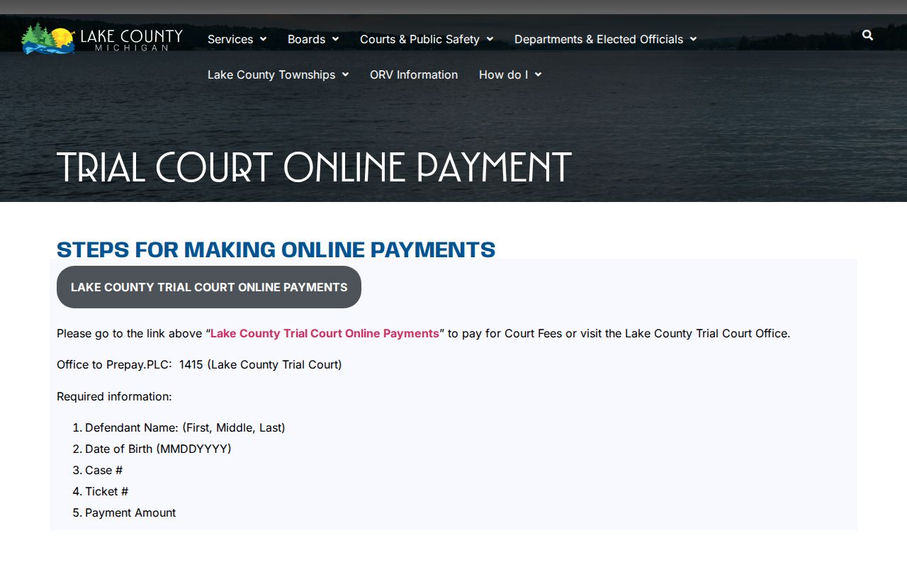 Lake County traffic court record payment instructions and required fields