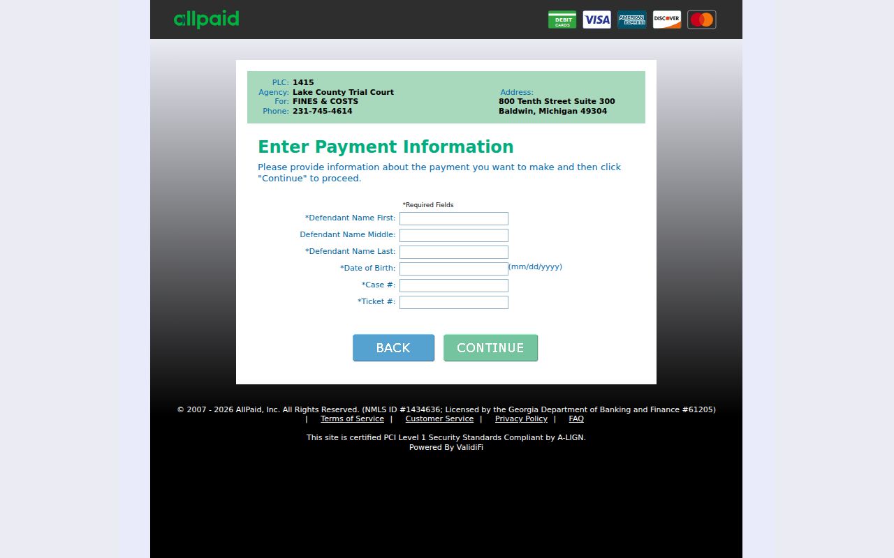 Lake County traffic court record PLC 1415 payment processor route